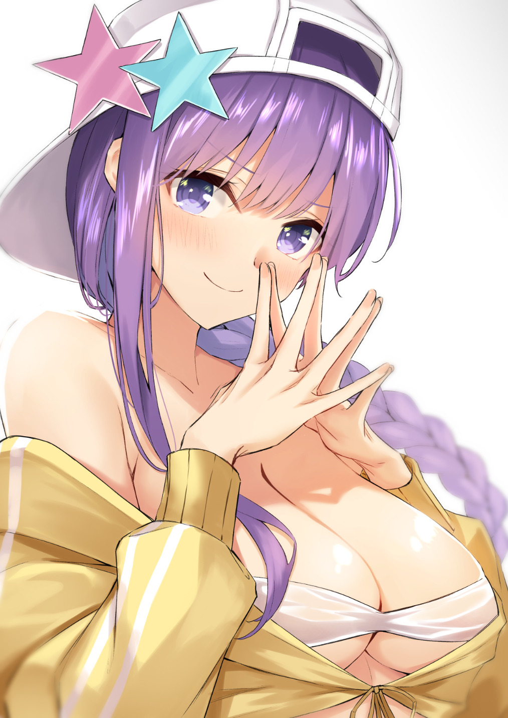 anza_tomo backwards_hat bangs bare_shoulders baseball_cap bb_(fate)_(all) bb_(swimsuit_mooncancer)_(fate) blush braid breasts cleavage closed_mouth collarbone cropped_jacket fate/grand_order fate_(series) fingers_together hat highres jacket large_breasts long_hair looking_at_viewer off_shoulder purple_eyes purple_hair simple_background smile solo star star_hat_ornament very_long_hair white_background white_bikini_top yellow_jacket