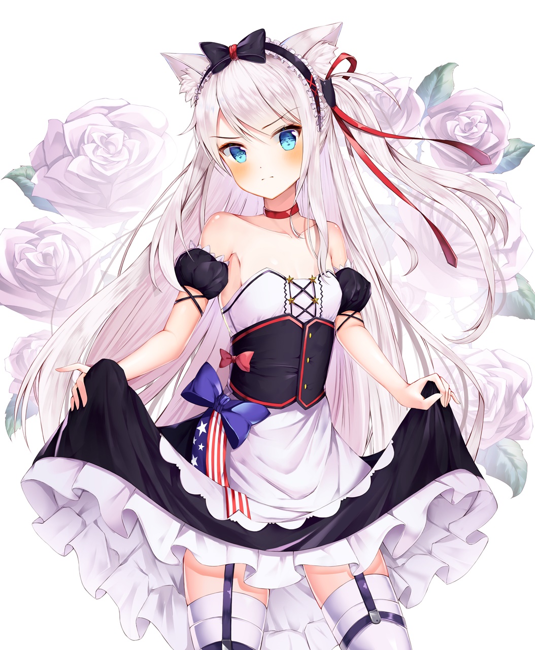 american_flag american_flag_print animal_ears azur_lane bangs bare_shoulders black_bow black_dress black_hairband blue_bow blue_eyes blush bow cat_ears cat_hair_ornament closed_mouth collarbone commentary cowboy_shot detached_sleeves dress eyebrows_visible_through_hair flag_print flower frilled_hairband frills garter_straps hair_between_eyes hair_ornament hair_ribbon hairband hammann_(azur_lane) head_tilt highres kotomaru_(sirouko9511) long_hair looking_at_viewer one_side_up puffy_short_sleeves puffy_sleeves red_bow red_ribbon remodel_(azur_lane) ribbon rose short_sleeves simple_background skirt_hold solo standing strapless strapless_dress thighhighs very_long_hair white_background white_flower white_legwear white_rose