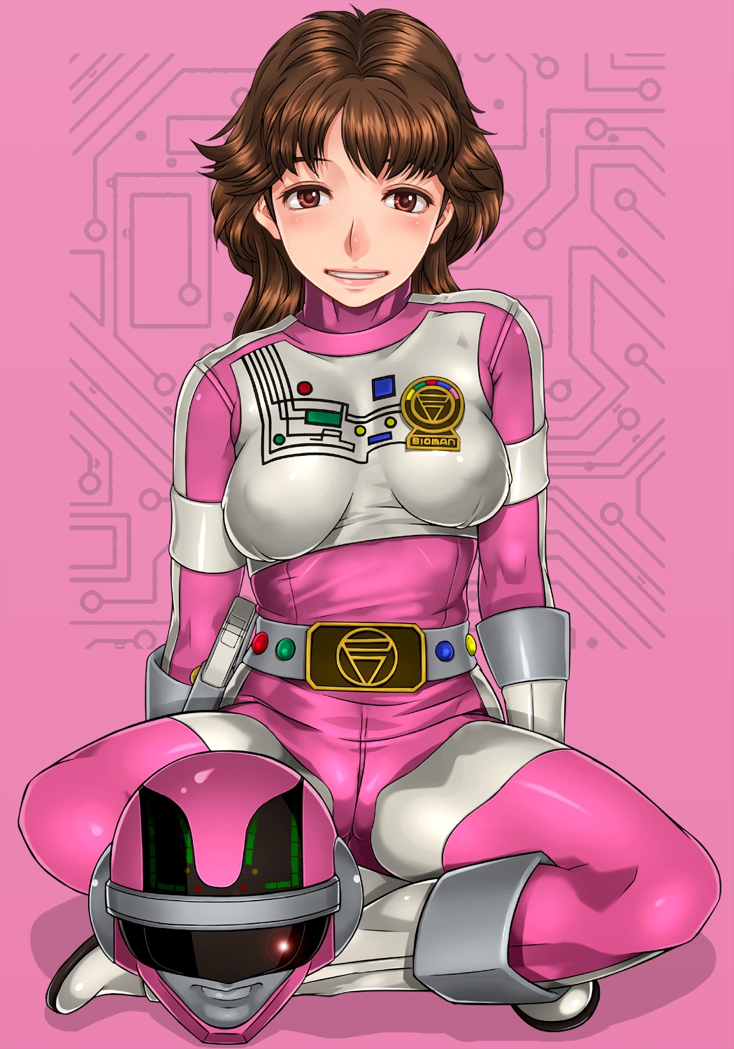 1girl belt blush bodysuit boots breasts brown_hair choudenshi_bioman erect_nipples feet groin helmet highres hikaru_(bioman) holster legs looking_at_viewer parted_lips pink_background pink_clothes red_eyes sakuradou short_hair simple_background sitting small_breasts smile solo super_sentai thighs