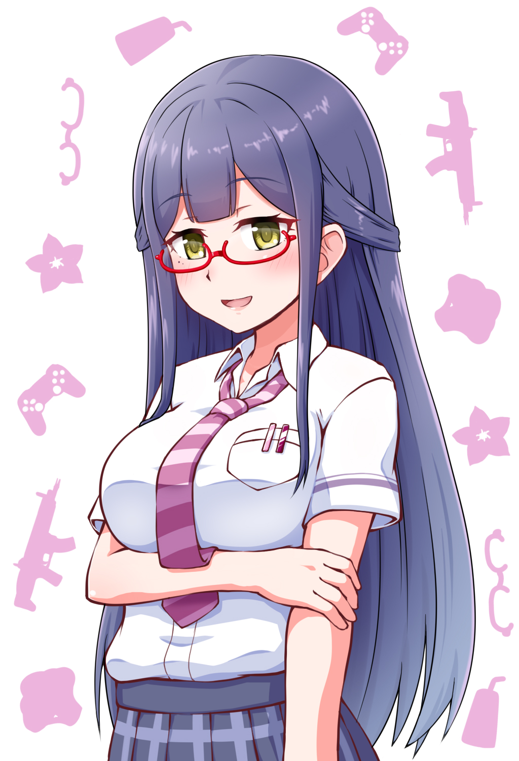:d alternate_hair_length alternate_hairstyle bangs bespectacled blue_hair blue_skirt blush breast_hold breast_pocket breasts collared_shirt controller cup eyebrows_visible_through_hair flower game_controller glasses goriate gun hand_on_own_arm highres large_breasts long_hair looking_away looking_down mole mole_under_eye necktie nijisanji open_mouth pen pink_neckwear plaid plaid_skirt pleated_skirt pocket red-framed_eyewear semi-rimless_eyewear shirt shizuka_rin short_sleeves sidelocks skirt smile solo straight_hair striped striped_neckwear under-rim_eyewear upper_body very_long_hair virtual_youtuber weapon white_shirt wing_collar yellow_eyes