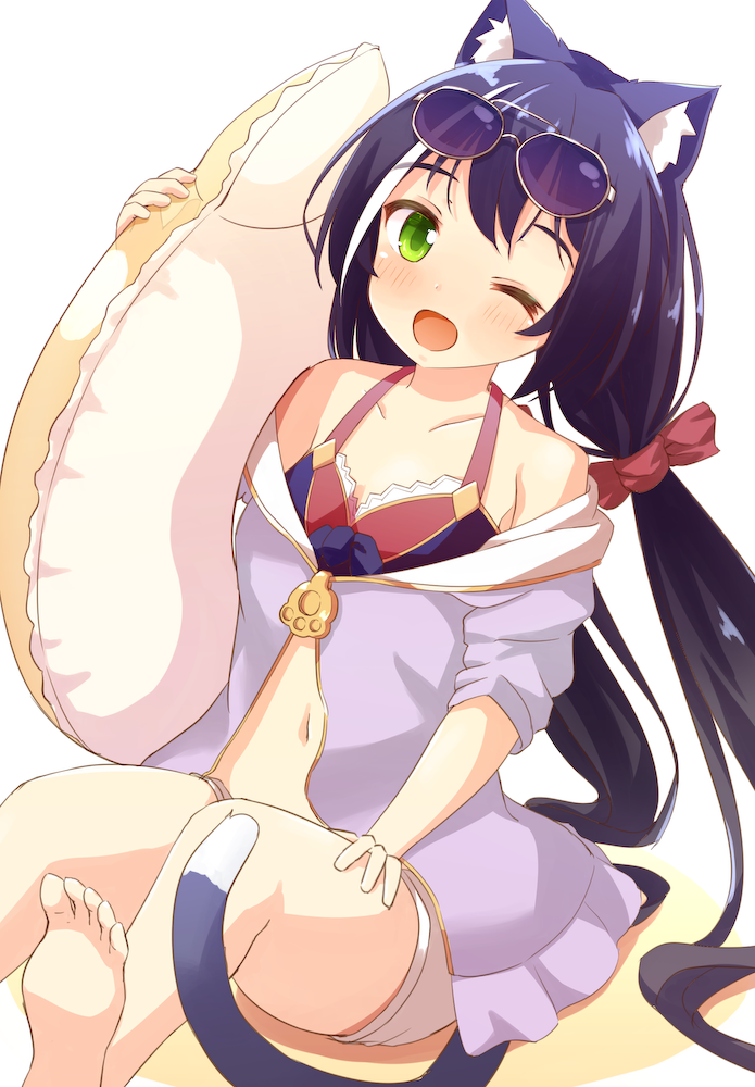 ;d animal_ears arm_up bangs bare_shoulders barefoot bikini_top black_hair blue_bikini_top blush bow cat_ears cat_tail collarbone commentary_request eyewear_on_head green_eyes hair_bow holding holding_innertube innertube jacket kyaru_(princess_connect) leaning_to_the_side long_hair looking_at_viewer mizutan64 multicolored_hair navel off_shoulder one_eye_closed open_mouth princess_connect!_re:dive purple_jacket red_bow short_shorts short_sleeves shorts simple_background sitting smile soles solo streaked_hair sunglasses tail very_long_hair white_background white_hair white_shorts