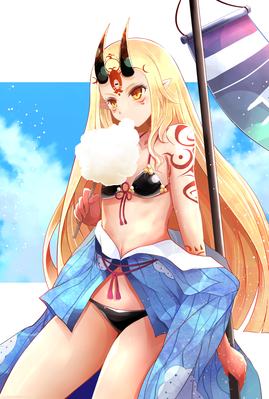 arano_oki bare_shoulders bikini black_bikini blonde_hair blue_kimono blue_sky breasts brown_eyes cloud cloudy_sky commentary_request cotton_candy day eating facial_mark fate/grand_order fate_(series) food forehead_mark highres holding holding_food horns ibaraki_douji_(fate/grand_order) ibaraki_douji_(swimsuit_lancer)_(fate) japanese_clothes kimono kimono_pull long_hair navel oni oni_horns sky small_breasts solo striped swimsuit vertical-striped_kimono vertical_stripes very_long_hair