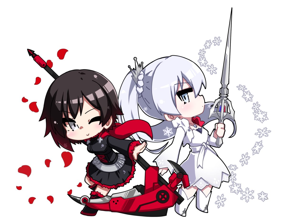 black_hair blue_eyes cape chibi commentary_request crescent_rose dress frilled_dress frills gradient_hair holding holding_sword holding_weapon kaname_nagi left-handed multicolored_hair multiple_girls myrtenaster pantyhose petals rose_petals ruby_rose rwby scythe side_ponytail silver_eyes snowflakes sword weapon weiss_schnee white_background white_hair