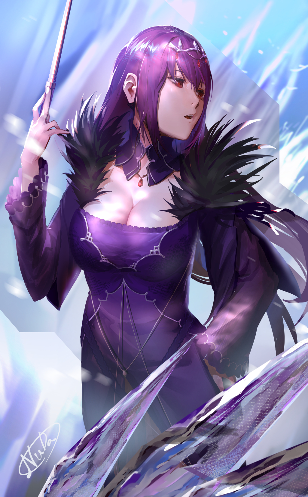 bangs breasts cleavage commentary_request dress fate/grand_order fate_(series) fur_trim hair_between_eyes highres holding holding_wand icicle large_breasts long_hair looking_at_viewer nuda open_mouth purple_dress purple_hair red_eyes scathach_(fate)_(all) scathach_skadi_(fate/grand_order) solo tiara wand wide_sleeves