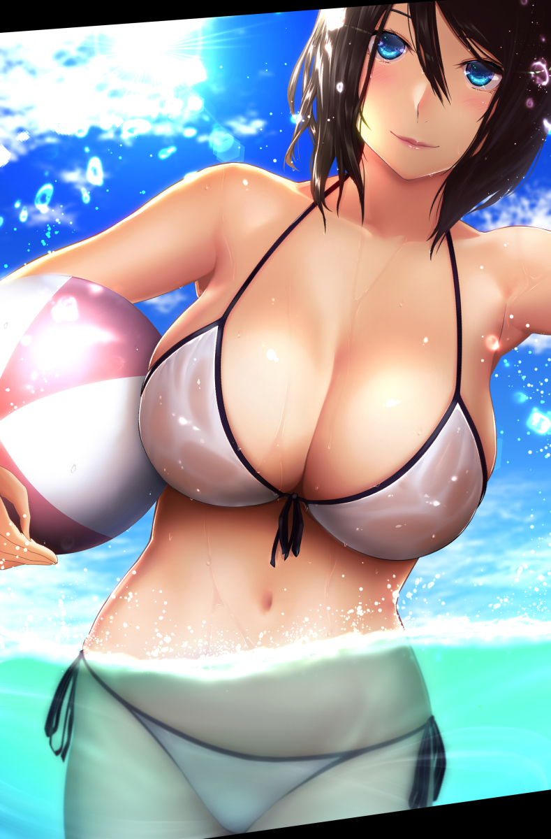 beachball big.g bikini blue_eyes breasts brown_hair cloud day dutch_angle highres large_breasts lips looking_at_viewer navel original partially_submerged see-through side-tie_bikini sky standing swimsuit water white_swimsuit