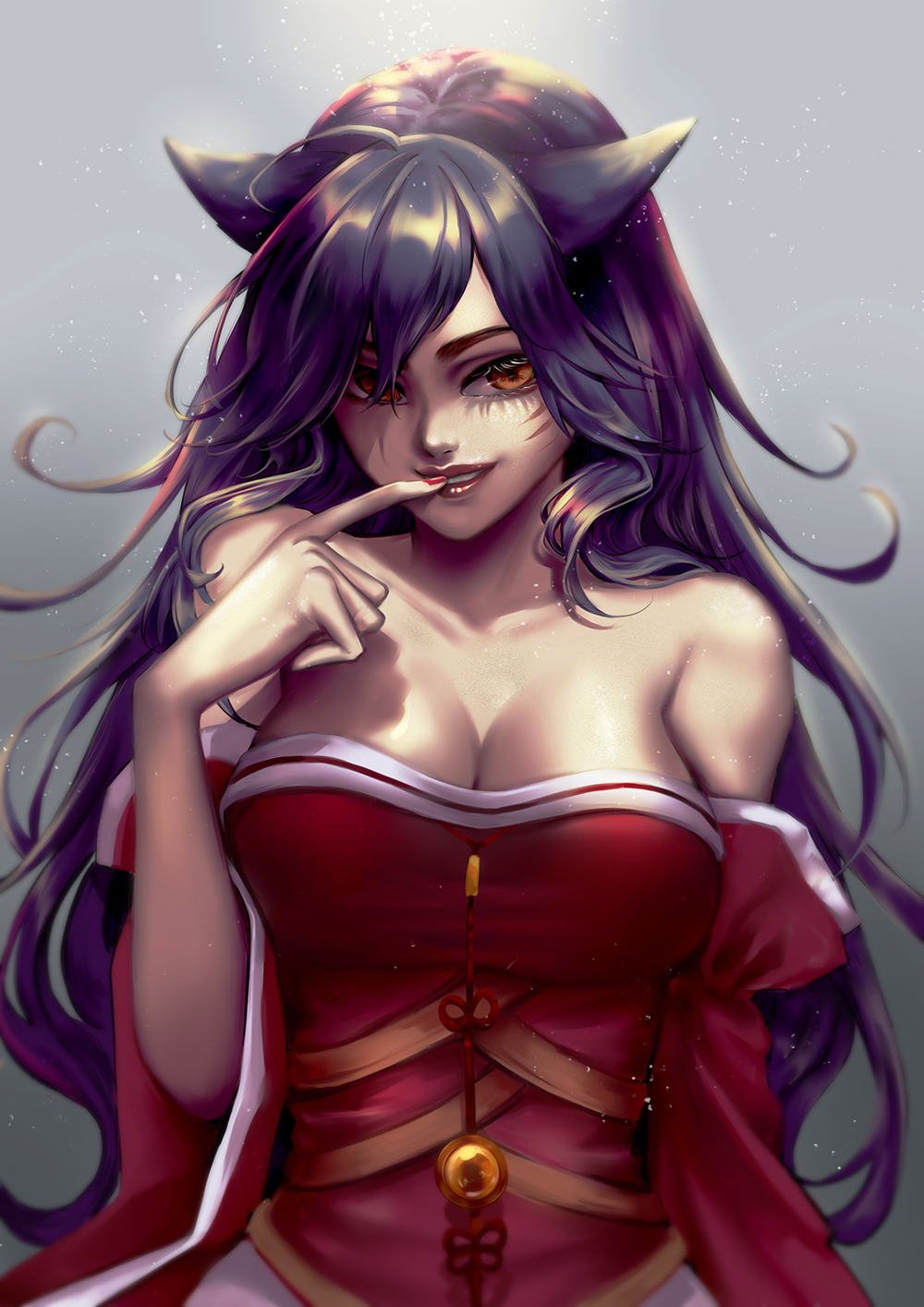 ahri animal_ears bare_shoulders black_hair breasts cleavage collarbone commentary_request detached_sleeves finger_to_mouth fox_ears grey_background highres league_of_legends ling_(vivianling) lips long_hair medium_breasts nail_polish orange_eyes red_nails smile solo upper_body whisker_markings