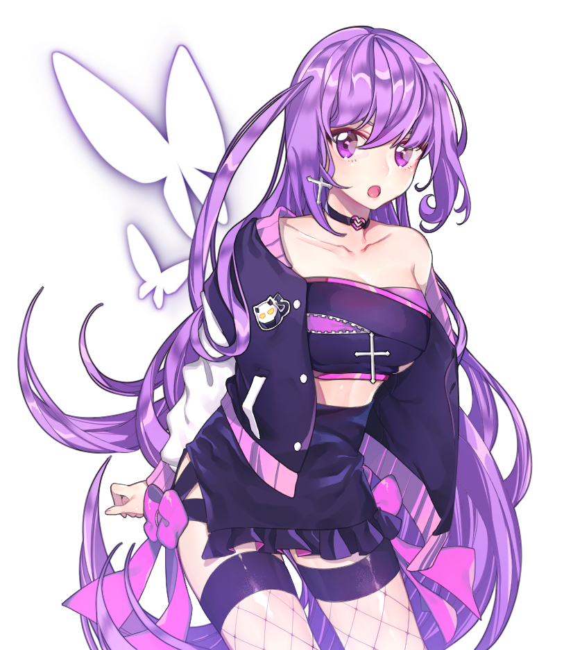 aisha_(elsword) arms_behind_back bow breasts bug butterfly choker cleavage collarbone cowboy_shot cross cross_earrings earrings elsword floating_hair hair_between_eyes insect jacket jewelry long_hair medium_breasts midriff off_shoulder open_clothes open_jacket open_mouth oz_sorcerer_(elsword) pink_bow purple_eyes purple_hair rimsuk shiny shiny_hair simple_background solo standing thighhighs very_long_hair white_background white_legwear