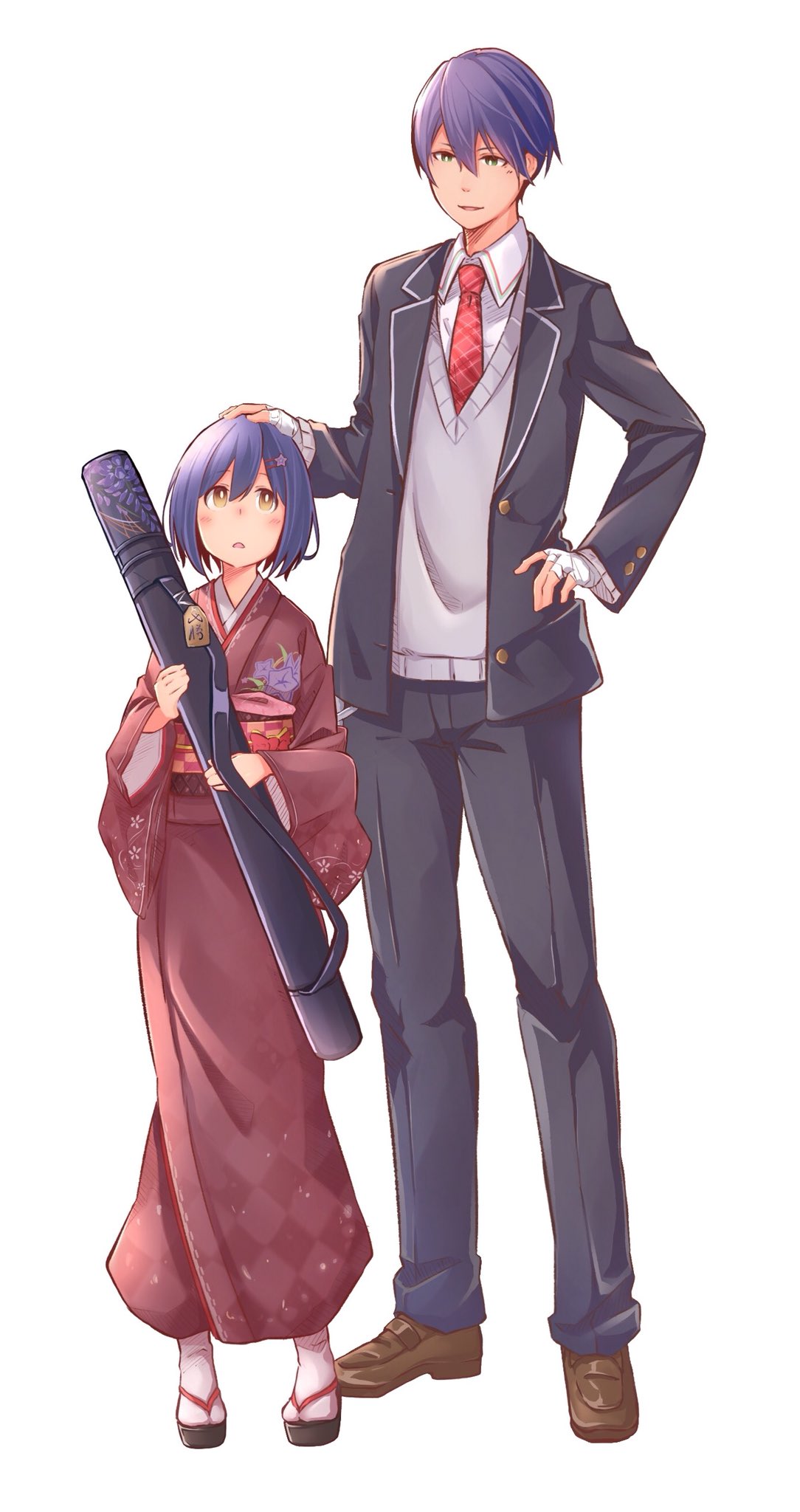 1girl bandaged_hands bandages blue_hair charm_(object) commentary_request gakuran green_eyes hand_on_another's_head hand_on_hip height_difference highres japanese_clothes kenmochi_touya mikokomiyazawa necktie nijisanji school_uniform shizuka_rin short_hair smile standing sweater virtual_youtuber white_background wide_sleeves yellow_eyes younger