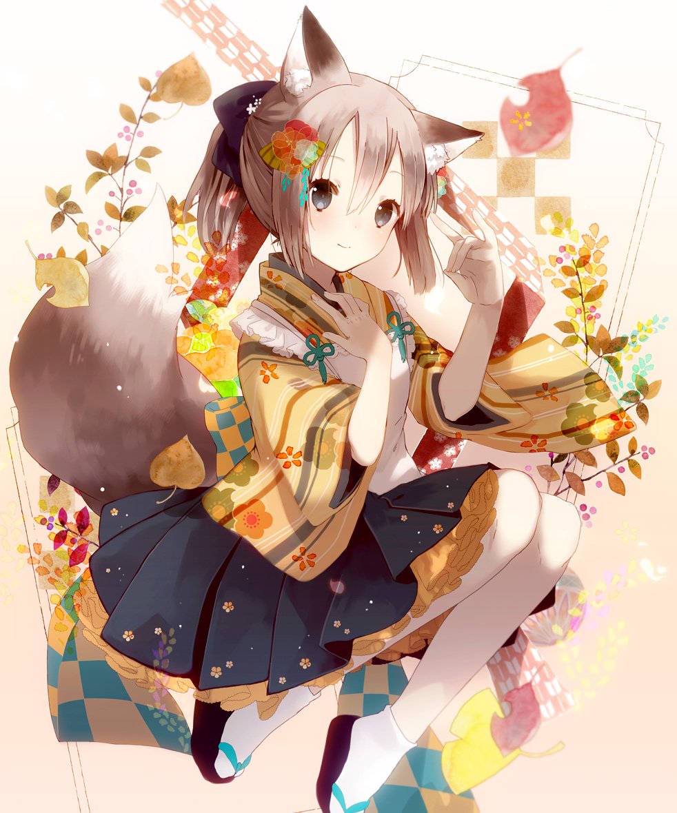 animal_ears apron bangs black_footwear black_skirt blush bow brown_hair clog_sandals closed_mouth commentary eyebrows_visible_through_hair floral_background floral_print flower fox_ears fox_girl fox_shadow_puppet fox_tail frills grey_eyes hair_between_eyes hair_bow hair_flower hair_ornament hand_on_own_chest hands_up japanese_clothes kimono light_smile original pleated_skirt ponytail short_hair short_kimono sidelocks skirt smile socks solo tabi tail tail_raised wa_maid white_apron white_legwear wide_sleeves yellow_kimono yuzuyomogi zouri