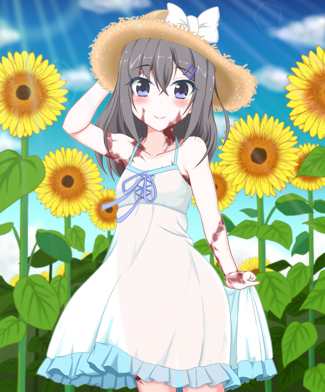 bare_shoulders blue_eyes blue_sky blush bow burn_scar cloud collarbone commentary_request day dorei_to_no_seikatsu_~teaching_feeling~ dress eyebrows_visible_through_hair eyes_visible_through_hair flower grey_hair hair_between_eyes hair_ornament hairclip hand_on_headwear hat hat_bow highres long_hair looking_at_viewer outdoors scar skirt_hold sky smile solo sun_hat sunflower sunlight sylvie_(dorei_to_no_seikatsu) takahiko white_bow white_dress