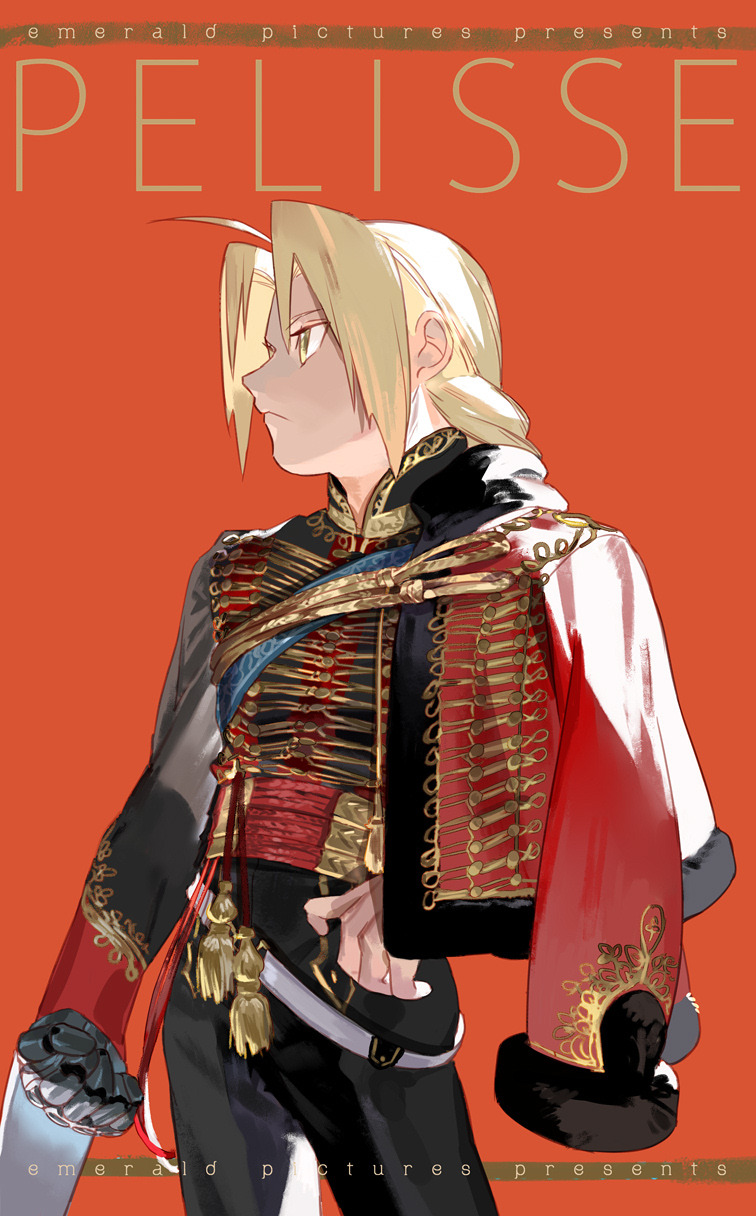 ahoge bangs black_pants blonde_hair braid contrapposto cowboy_shot edward_elric fullmetal_alchemist hand_on_hip highres holy_pumpkin jacket male_focus mechanical_arm military military_uniform open_clothes open_jacket pants parted_bangs pelisse red_background red_jacket revision simple_background single_braid solo standing uniform yellow_eyes