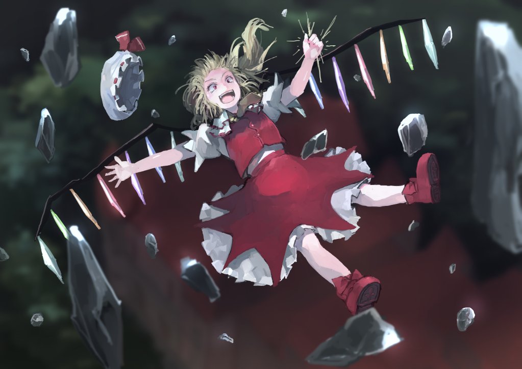 ascot blonde_hair bow broken_glass clenched_hand crystal falling flandre_scarlet frilled_shirt frilled_skirt frilled_sleeves frills full_body glass hair_between_eyes hat hat_ribbon ichiba_youichi medium_hair mob_cap open_mouth puffy_short_sleeves puffy_sleeves red_bow red_eyes red_ribbon red_skirt red_vest ribbon shirt short_sleeves side_ponytail skirt solo touhou vest white_shirt wings yellow_neckwear