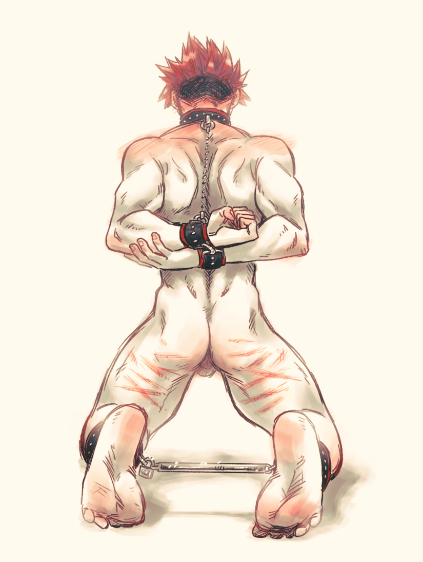 1boy ankle_cuffs ass bare_feet bdsm boku_no_hero_academia bound chains cuffs feet handcuffs hands_behind_back kirishima_eijirou lock male male_focus nude red_hair restrained simple_background solo spiked_hair syblatortue tagme whip whip_marks wounded