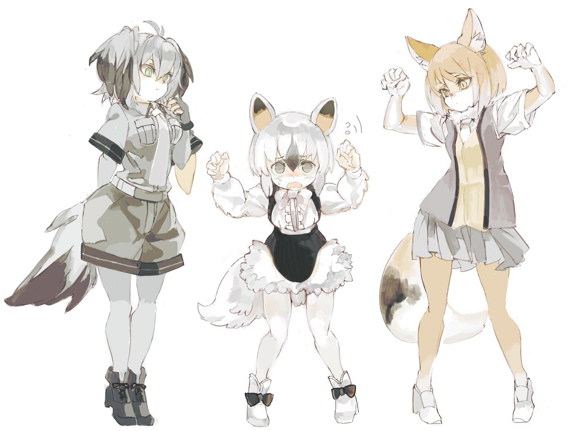 animal_ears anteater_ears anteater_tail bird_tail bird_wings black_hair bow bowtie center_frills claw_pose collared_shirt commentary_request elbow_gloves eyebrows_visible_through_hair flying_sweatdrops fox_ears fox_tail fur_collar gloves grey_hair head_wings kemono_friends konabetate light_brown_hair long_sleeves multicolored_hair multiple_girls necktie pantyhose pleated_skirt shirt shoebill_(kemono_friends) short_hair short_sleeves shorts skirt southern_tamandua_(kemono_friends) sweatdrop tail tibetan_sand_fox_(kemono_friends) white_hair wings