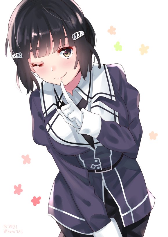 belt black_hair blush breasts brown_eyes closed_mouth dated gloves hair_ornament hairclip index_finger_raised jacket kantai_collection large_breasts long_sleeves looking_at_viewer myoukou_(kantai_collection) one_eye_closed purple_jacket shirt short_hair simple_background smile solo tonari_no_kai_keruberosu twitter_username white_background white_gloves white_shirt