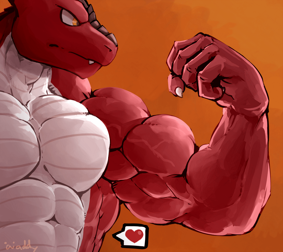 &lt;3 5_fingers abs animated anthro biceps black_nose claws dragon fangs flexing male mammal multicolored_skin muscular muscular_male orange_background pecs red_skin scalie simple_background solo speech_bubble triceps two_tone_skin waddledox