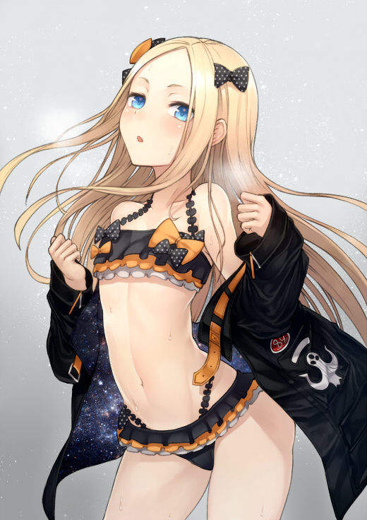 abigail_williams_(fate/grand_order) bangs banned_artist bikini black_bikini black_bow black_jacket blonde_hair blue_eyes blush bow commentary_request double_exposure emerald_float fate/grand_order fate_(series) forehead grey_background hair_bow half-closed_eyes hands_up heroic_spirit_traveling_outfit highleg highleg_bikini jacket kyoeiki layered_bikini long_hair long_sleeves looking_at_viewer navel nebula open_clothes open_jacket orange_bow parted_bangs parted_lips polka_dot polka_dot_bow short_eyebrows sleeves_past_wrists solo strap_gap swimsuit unmoving_pattern very_long_hair