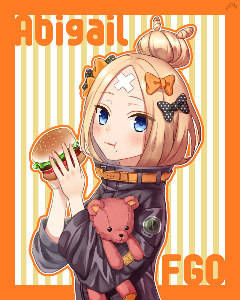 :t abigail_williams_(fate/grand_order) bangs black_bow black_jacket blonde_hair blue_eyes blush bow character_name closed_mouth commentary_request copyright_name crossed_bandaids eating eyebrows_visible_through_hair fate/grand_order fate_(series) food food_on_face hair_bow hair_bun hamburger heroic_spirit_traveling_outfit holding holding_food jacket long_hair long_sleeves md5_mismatch object_hug orange_bow parted_bangs polka_dot polka_dot_bow saki_usagi solo striped striped_background stuffed_animal stuffed_toy teddy_bear vertical-striped_background vertical_stripes