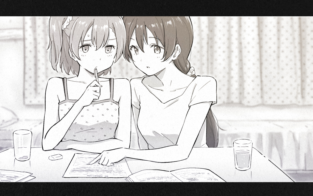 bangs book cup curtains drinking_glass elbows_on_table eraser eyebrows_visible_through_hair greyscale holding holding_pencil homework indoors kousaka_honoka letterboxed long_hair love_live! love_live!_school_idol_project lying mechanical_pencil monochrome multiple_girls on_side open_book paper pen_to_mouth pencil pointing ponytail shibasaki_shouji shirt short_hair short_sleeves sonoda_umi spaghetti_strap sweatdrop table v-neck