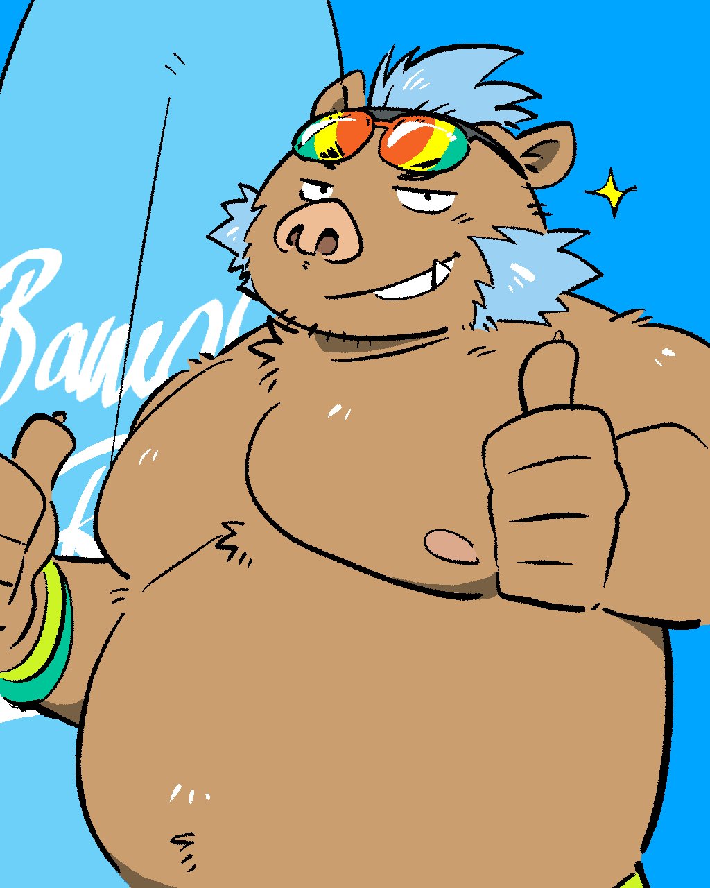 41raco blue_hair boar clothed clothing eyewear facial_hair gouryou hair male mammal mohawk musclegut nipples porcine sideburns slightly_chubby sunglasses surfboard thumbs_up tokyo_afterschool_summoners topless tusks