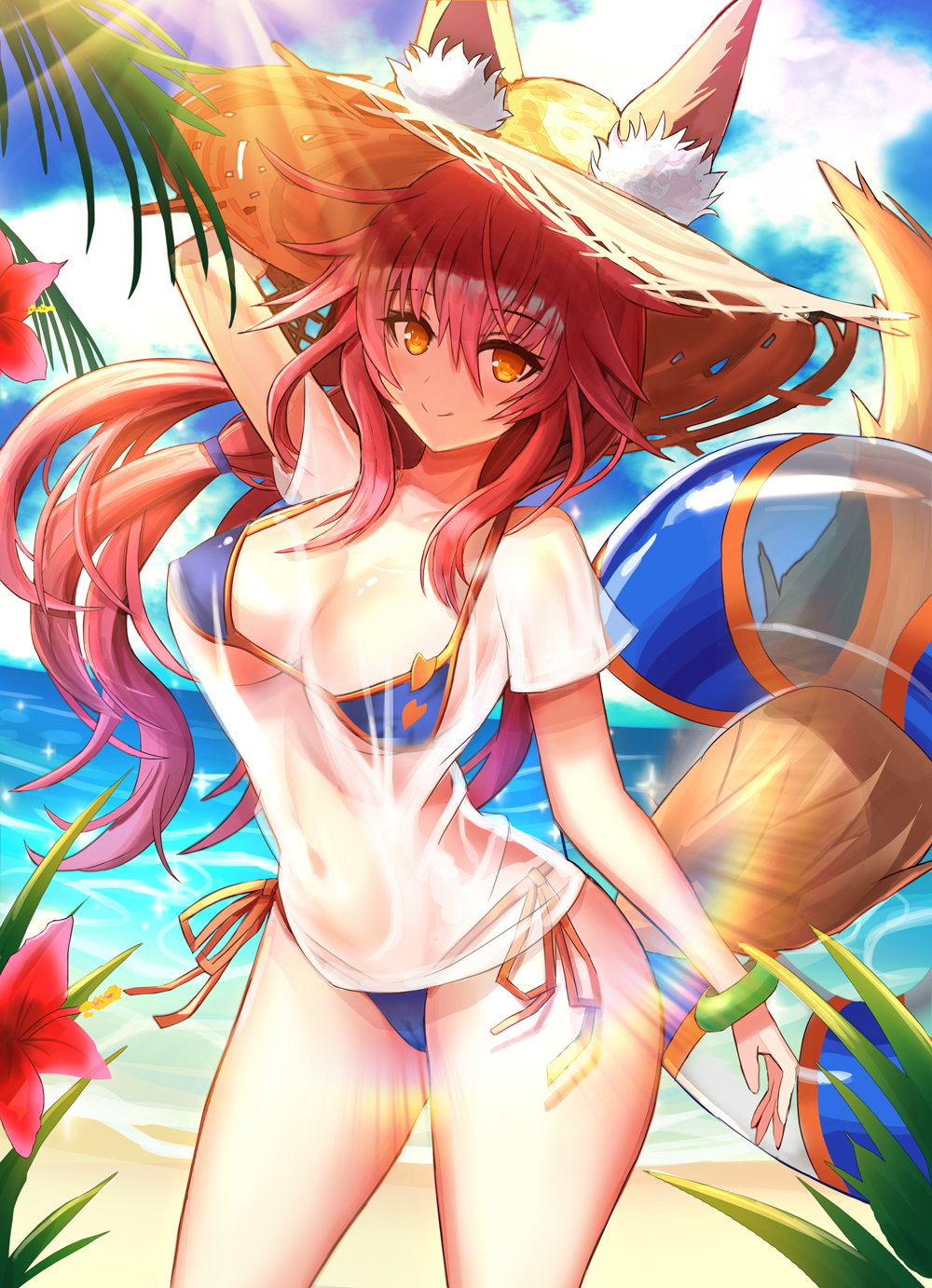 animal_ear_fluff animal_ears bikini bikini_under_clothes blue_bikini breasts cleavage collarbone day ears_through_headwear fate/grand_order fate_(series) fox_ears fox_tail hat highres innertube large_breasts looking_at_viewer ocean outdoors palm_tree pink_hair rothy shirt side-tie_bikini solo straw_hat swimsuit tail tamamo_(fate)_(all) tamamo_no_mae_(swimsuit_lancer)_(fate) tree wet wet_clothes wet_shirt wet_t-shirt yellow_eyes