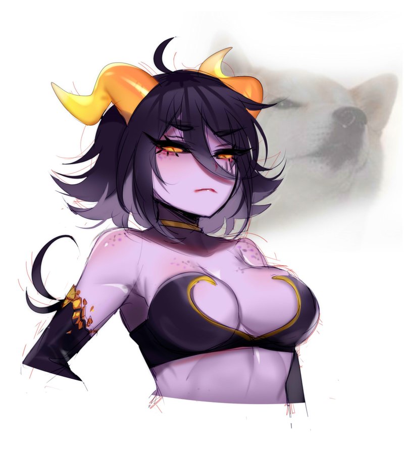 ahoge bare_shoulders black_sclera breasts choker closed_mouth commentary copyright_request cropped_arms cropped_torso demon_girl dog english_commentary freckles hair_between_eyes horns large_breasts looking_at_viewer meme purple_hair purple_skin real_life_insert shiba_inu sketch slit_pupils solo terupancake yellow_eyes