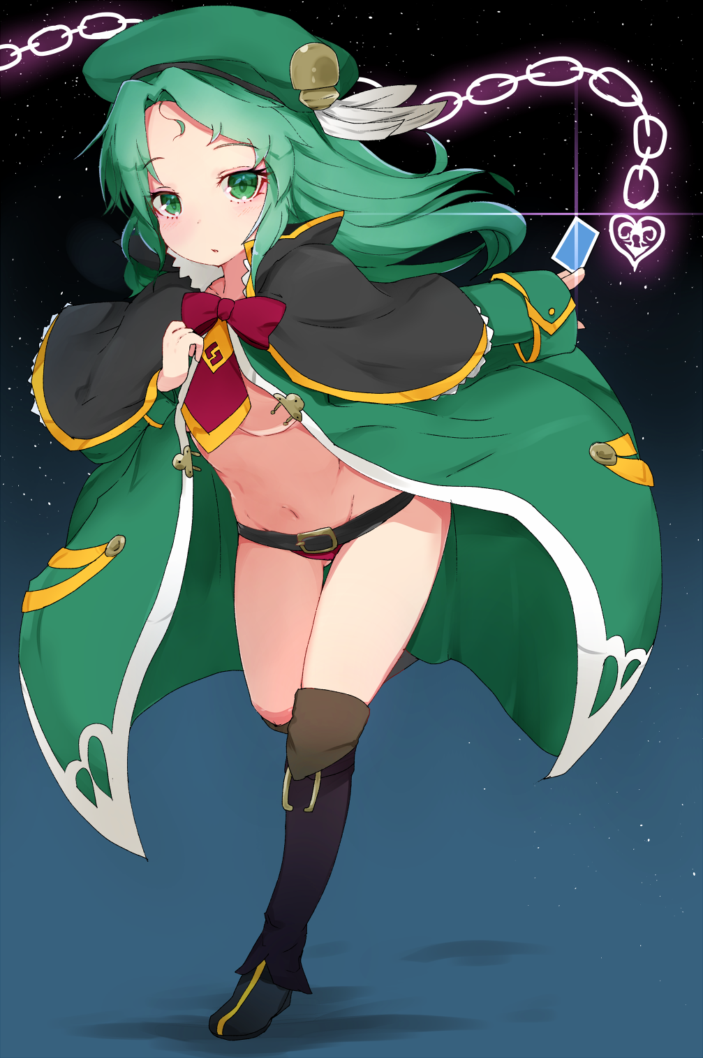 ass_visible_through_thighs bangs belt belt_buckle between_fingers black_belt black_footwear blush boots bow breasts buckle card chain commentary_request criminal_girls eyebrows_visible_through_hair full_body green_coat green_eyes green_hair groin highres holding holding_card knee_boots leaning_forward long_hair long_sleeves looking_at_viewer navel night night_sky panties parted_bangs parted_lips purple_panties rai_(sakuranbo_sugar) red_bow shin_(criminal_girls) sky sleeves_past_wrists small_breasts solo standing standing_on_one_leg star_(sky) starry_sky underwear