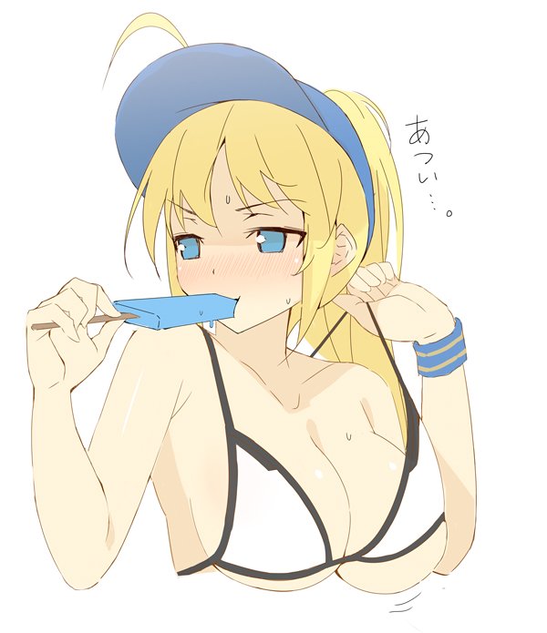 adjusting_clothes adjusting_swimsuit ahoge artoria_pendragon_(all) blonde_hair blue_eyes breasts cleavage commentary_request cropped_torso fate/grand_order fate_(series) food large_breasts machimura_komori mysterious_heroine_xx_(foreigner) ponytail popsicle sketch solo strap_gap sweat swimsuit visor_cap white_background