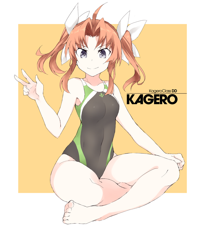 alternate_costume anchor_symbol bare_arms bare_shoulders barefoot black_swimsuit breasts character_name competition_swimsuit hair_ribbon indian_style kagerou_(kantai_collection) kantai_collection long_hair looking_at_viewer one-piece_swimsuit orange_hair purple_eyes remodel_(kantai_collection) ribbon sitting small_breasts solo souji swimsuit twintails v white_ribbon
