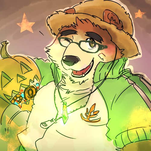 2017 anthro bear blush brown_fur candy clothed clothing eyewear food fruit fur glasses hat male mammal nikunabe1989 one_eye_closed pumpkin slightly_chubby solo straw_hat tokyo_afterschool_summoners volos wink