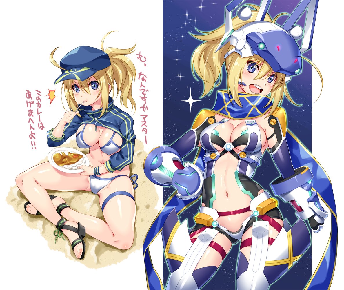 ahoge artoria_pendragon_(all) bikini blonde_hair blue_eyes blush breasts cleavage commentary_request curry curry_rice eating fate/grand_order fate_(series) food hair_through_headwear hat mecha_musume medium_breasts mysterious_heroine_xx_(foreigner) navel open_mouth ponytail rice round_teeth sandals scarf shinozuka_atsuto shrug_(clothing) sitting solo swimsuit teeth thighlet translation_request white_bikini