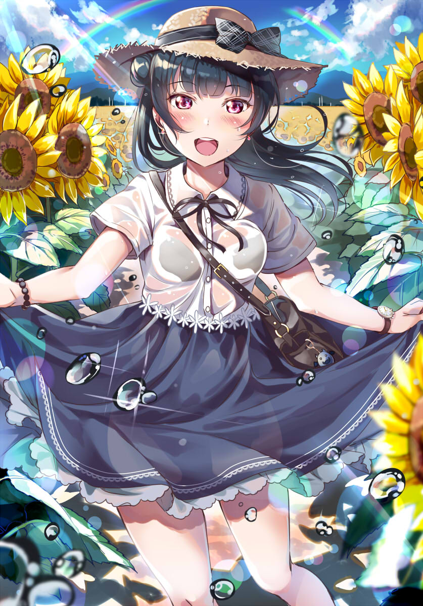 :d bag bag_charm bangs black_bow black_hair black_neckwear black_skirt blue_hair blush bow bra bracelet charm_(object) collared_shirt commentary day earrings flower hat hat_bow highres jewelry long_hair looking_at_viewer love_live! love_live!_sunshine!! neck_ribbon open_mouth outdoors plaid plaid_bow purple_eyes rainbow ribbon round_teeth see-through shirt short_sleeves shoulder_bag side_bun skirt skirt_hold smile solo straw_hat sunflower teeth tipii tsushima_yoshiko underwear upper_teeth watch water_drop wristwatch