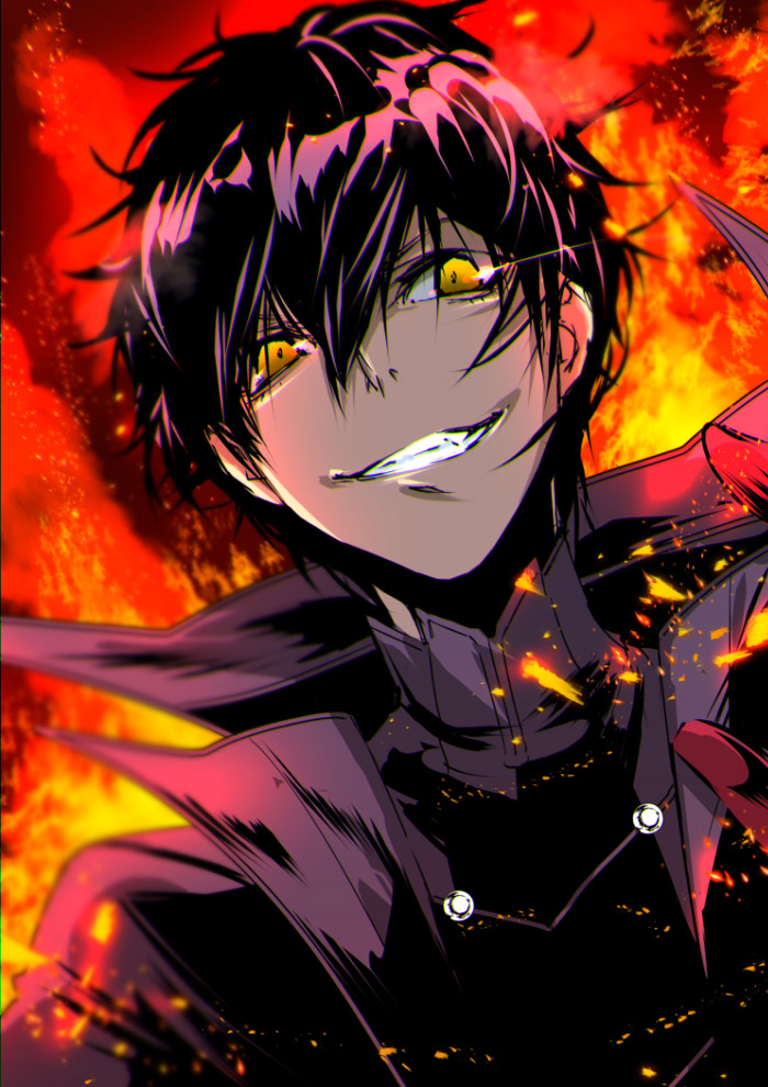 amamiya_ren black_hair fire grin hair_between_eyes looking_at_viewer male_focus mitsuha_(bless_blessing) persona persona_5 shiny shiny_hair smile solo upper_body yellow_eyes