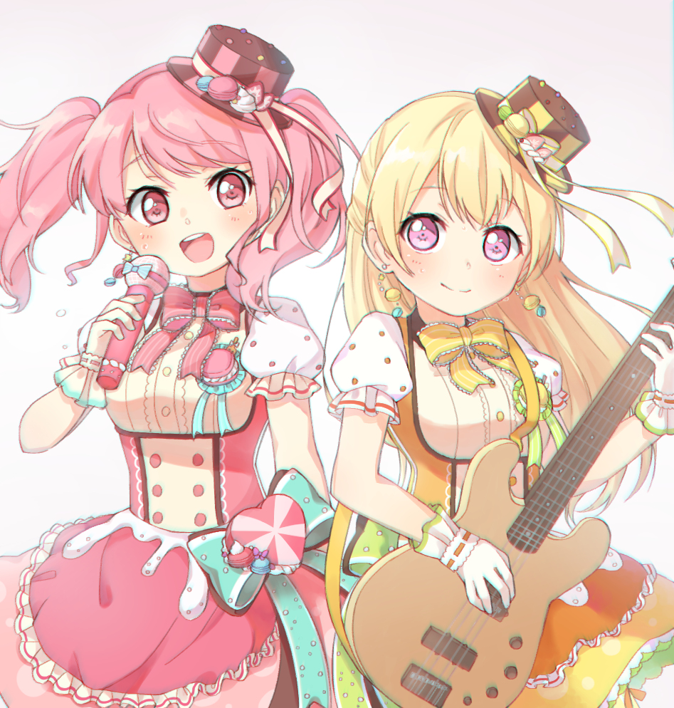 :d bang_dream! bangs bass_guitar bd_ayknn blonde_hair blue_bow blush bow bowtie dress earrings eyebrows_visible_through_hair food frilled_gloves frilled_sleeves frills gloves half_updo hat hat_ornament hat_ribbon holding holding_instrument holding_microphone instrument jewelry long_hair looking_at_viewer macaron maruyama_aya microphone multiple_girls open_mouth pink_eyes pink_hair pink_neckwear purple_eyes ribbon ribbon-trimmed_gloves ribbon_trim shirasagi_chisato short_sleeves smile striped_hat sweatdrop twintails upper_teeth white_gloves yellow_neckwear
