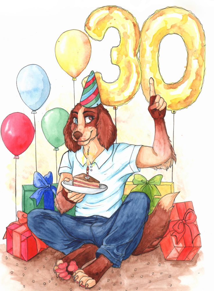 2018 4_toes 5_fingers anthro arm_tuft balloon barefoot biped birthday birthday_cake blue_bottomwear blue_clothing blue_eyes brown_claws brown_fur brown_nose brown_tail bulge cake candle canine claws clothed clothing countershade_torso countershading dipstick_tail dog dress_shirt elbow_tufts fingerless_(marking) fire floppy_ears food front_view full-length_portrait fur gift gloves_(marking) hat heterochromia hind_dog_(hind) hindpaw holding_object humanoid_hands jeans looking_aside looking_away male mammal markings multicolored_fur multicolored_tail on_ground pants party_hat pawpads paws pink_pawpads plate pointing portrait q-nik red_eyes ribbons shirt simple_background sitting smile snout solo spaniel springer_spaniel tan_countershading tan_fur tan_tail toe_claws toeless_(marking) toes traditional_media_(artwork) tuft two_tone_fur two_tone_tail welsh_springer_spaniel white_background white_clothing white_topwear