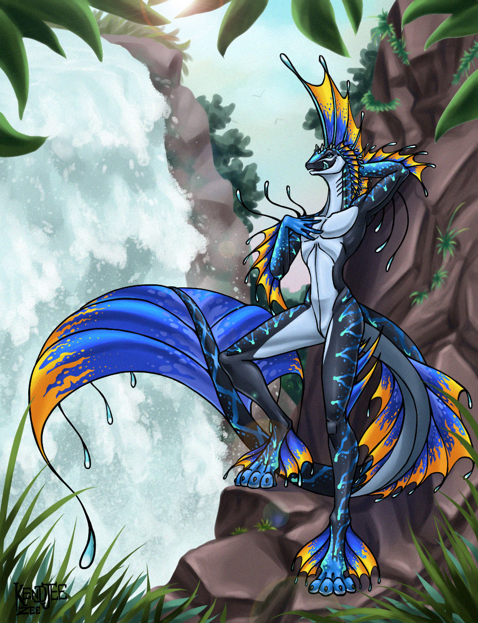 2018 5_fingers alternate_color alternate_species amphibian anthro aquatic_dragon big_tail blue_eyes breasts colored cute detailed_background digital_media_(artwork) dragon gills girly hand_behind_head hand_on_breast heavenly_dragon kendjee_zee male multicolored_body multicolored_skin multicolored_tail nekko_thunder nude open_mouth open_smile pose presenting smile solo solo_focus standing sweat tongue tropical_dragon waterfall