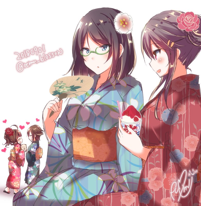 4girls :d ahoge alternate_costume black_hair blue_eyes blue_kimono breasts brown_hair closed_eyes dated fan flower food geta glasses green-framed_eyewear hair_flower hair_ornament hairclip haruna_(kantai_collection) heart hiei_(kantai_collection) holding holding_fan holding_food japanese_clothes kantai_collection kimono kirishima_(kantai_collection) kongou_(kantai_collection) large_breasts looking_at_another multiple_girls nanoha-h open_mouth red_eyes red_kimono shaved_ice short_hair simple_background smile spiked_hair tied_hair twitter_username white_background yukata