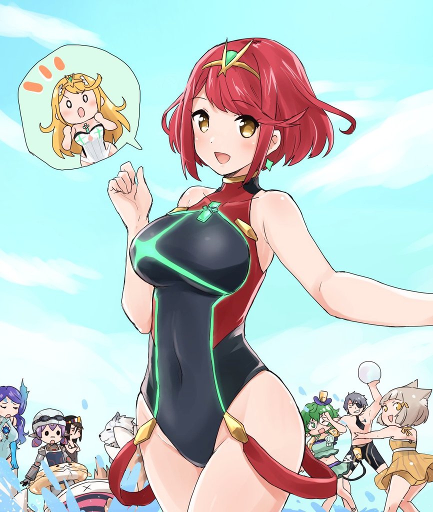 animal_ears bangs bikini black_hair breasts cat_ears chibi closed_eyes collarbone commentary_request curly_hair dress earrings eyepatch fingerless_gloves fire glasses gloves gold_trim hana_(xenoblade) hat headpiece hikari_(xenoblade_2) homura_(xenoblade_2) jewelry kagutsuchi_(xenoblade) large_breasts long_hair looking_at_viewer madanai_(morisumeshi) meleph_(xenoblade) military military_hat multiple_girls navel necktie neon_trim niyah nopon one-piece_swimsuit open_mouth pointy_ears purple_hair red_eyes red_hair rex_(xenoblade_2) robot_joints saika_(xenoblade) short_hair shorts sidelocks silver_hair smile swept_bangs swimsuit tiara tora_(xenoblade) xenoblade_(series) xenoblade_2 yellow_eyes zeke_b_arutimetto_genbu