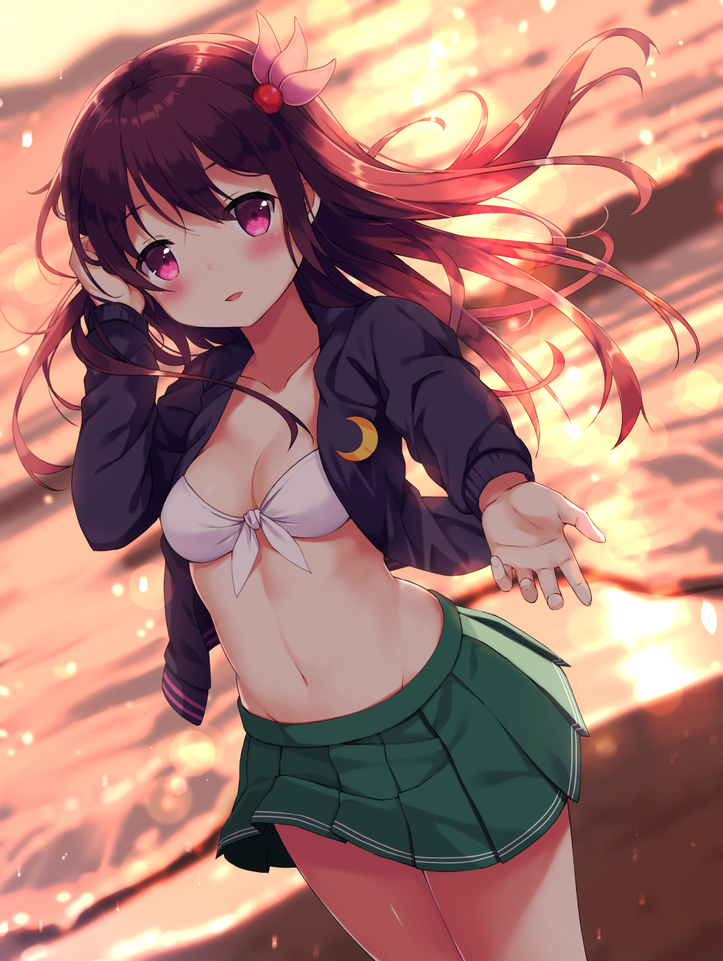 bangs bikini_top black_jacket blurry blurry_background blush collarbone commentary_request crescent crescent_moon_pin depth_of_field dutch_angle eyebrows_visible_through_hair ezoshika fingernails front-tie_bikini front-tie_top green_skirt hair_between_eyes hair_ornament highres jacket kantai_collection kisaragi_(kantai_collection) long_hair long_sleeves navel open_clothes open_jacket outdoors parted_lips pleated_skirt purple_eyes purple_hair skirt smile solo standing sunset very_long_hair white_bikini_top