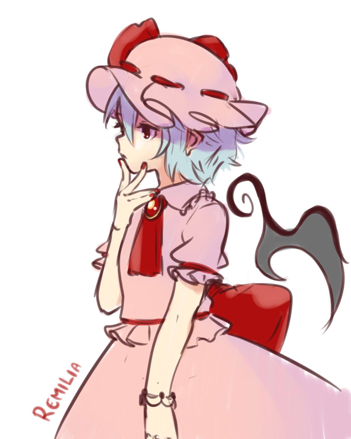bat_wings blue_hair brooch character_name detached_wings dress frilled_shirt_collar frilled_sleeves frills hat hat_ribbon highres jewelry mob_cap nail_polish pink_dress puffy_short_sleeves puffy_sleeves red_eyes red_nails remilia_scarlet ribbon ribbon_trim short_sleeves solo touhou white_background wings yoruny
