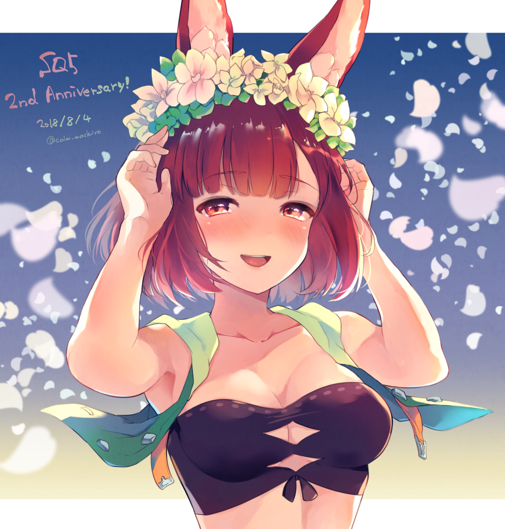 :d animal_ears anniversary arms_up bandeau bangs bare_arms bare_shoulders blush breasts brown_eyes brown_hair bunny_ears calm_mashiro cleavage commentary_request dated head_wreath hound_(sekaiju) medium_breasts open_mouth petals sekaiju_no_meikyuu sekaiju_no_meikyuu_5 short_hair smile solo twitter_username