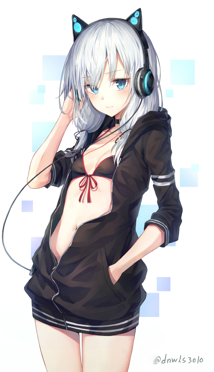 animal_ear_headphones animal_ears artist_name bangs bikini bikini_under_clothes black_bikini black_choker black_jacket black_ribbon blue_eyes breasts cable cat_ears cellphone choker closed_mouth commentary_request eyebrows_visible_through_hair eyes_visible_through_hair fake_animal_ears front-tie_bikini front-tie_top hair_over_shoulder hair_ribbon hand_in_pocket headphones hood hood_down hooded_jacket huwali_(dnwls3010) jacket long_hair looking_at_viewer navel open_clothes open_jacket original phone revision ribbon silver_hair small_breasts smartphone solo standing swimsuit twitter_username unzipped zipper