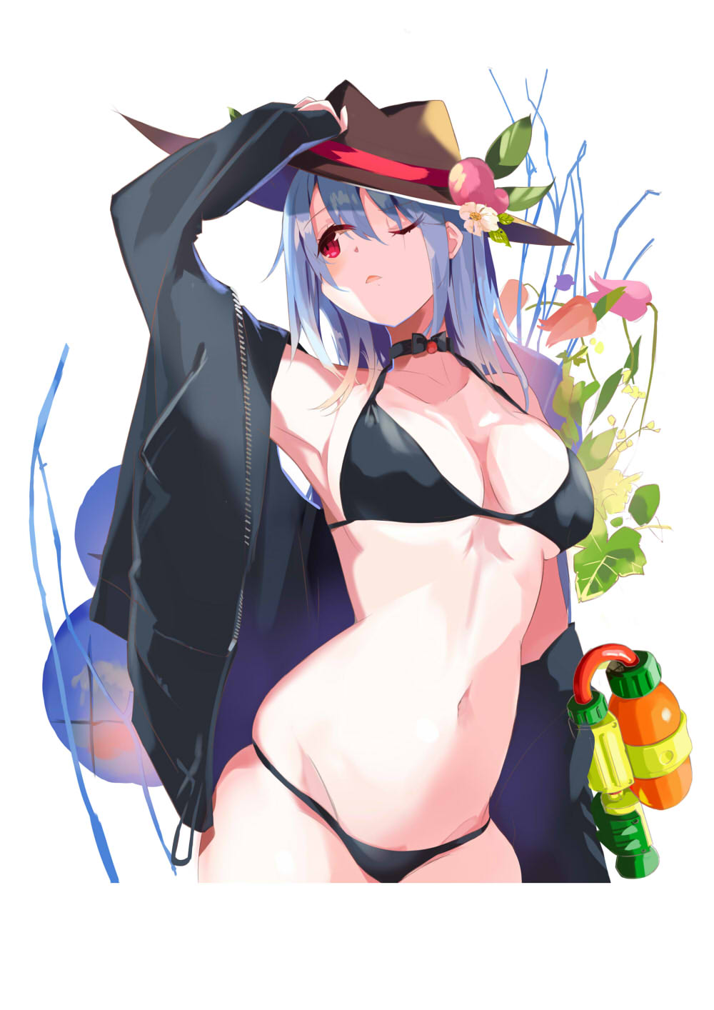 arm_up armpits bangs bare_shoulders bikini black_bikini black_choker black_jacket blue_hair breasts brown_hat choker collarbone commentary_request cowboy_shot error eyebrows_visible_through_hair fedora flower food fruit groin hair_between_eyes halterneck hat highres hinanawi_tenshi jacket leaf long_hair long_sleeves looking_up medium_breasts navel off_shoulder one_eye_closed open_clothes open_jacket parted_lips peach pink_flower red_eyes red_flower revision simple_background skindentation solo standing stomach swimsuit tetsurou_(fe+) thighs touhou tulip white_background