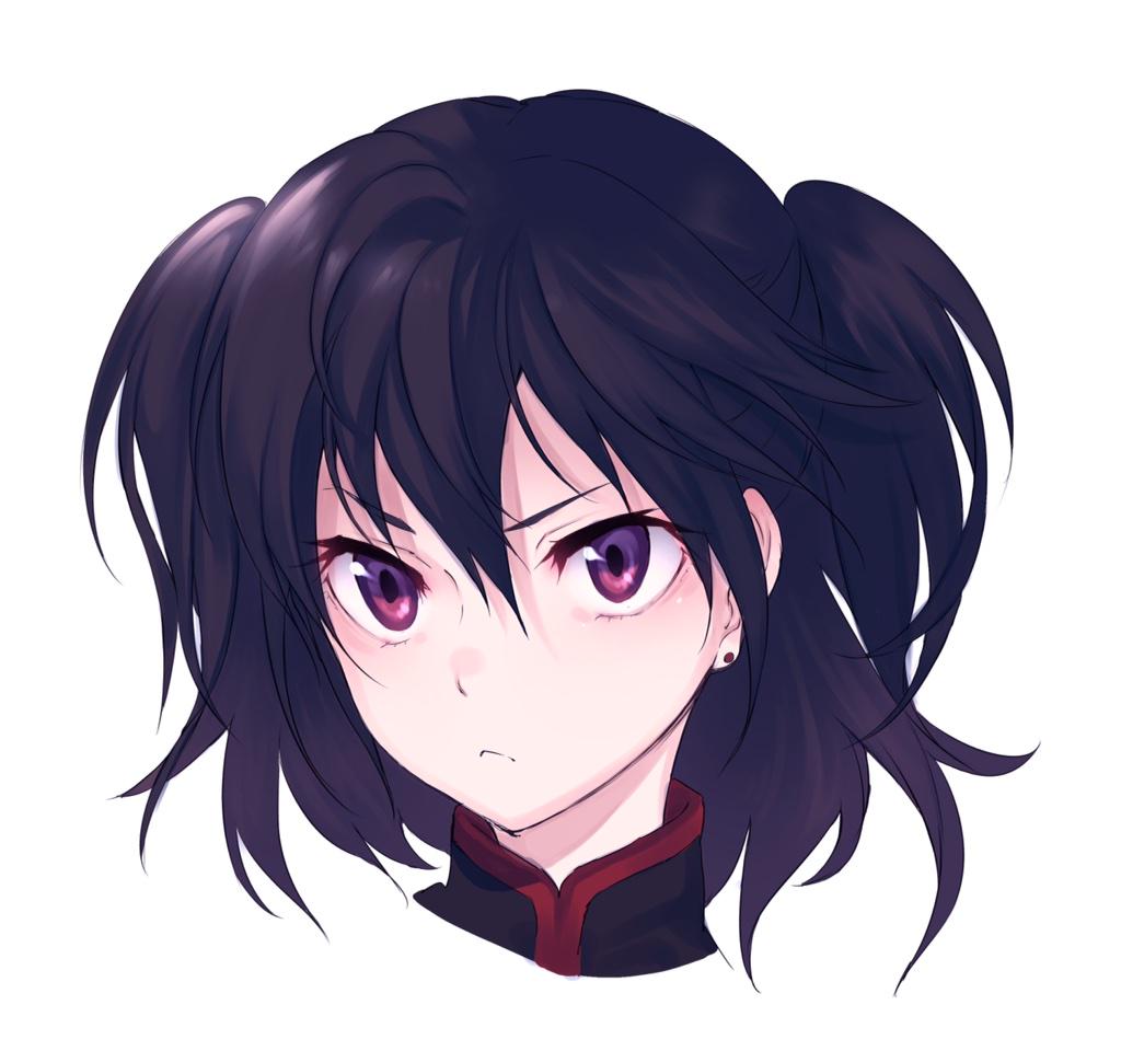 black_hair closed_mouth commentary d.gray-man earrings hair_between_eyes jewelry lenalee_lee maruchi portrait purple_eyes short_hair simple_background solo two_side_up white_background