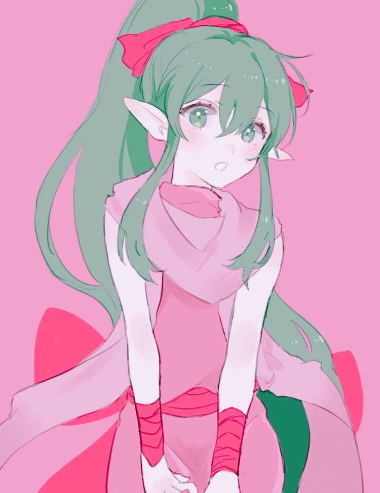 bad_id bad_twitter_id chiki commentary_request dress fire_emblem fire_emblem:_monshou_no_nazo green_eyes green_hair hair_ribbon long_hair mamkute open_mouth pink_background pink_dress pointy_ears ponytail r_6tkm red_ribbon ribbon simple_background solo very_long_hair