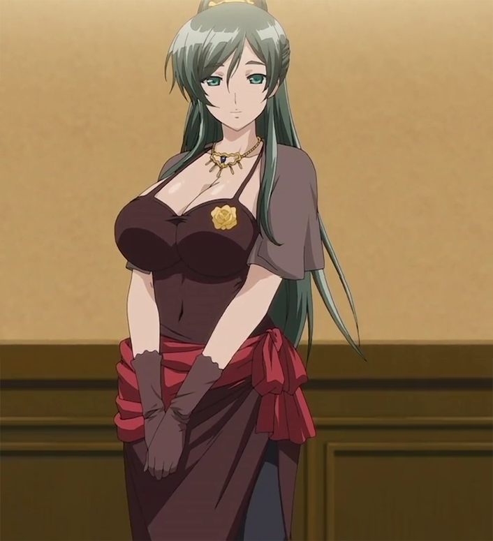 10s 1girl breasts cleavage corsage curvy dress eyebrows_visible_through_hair gloves green_eyes green_hair huge_breasts jewelry kiriya_hakushakuke_no_roku_shimai kiriya_nadeshiko long_hair necklace ponytail screencap stitched third-party_edit