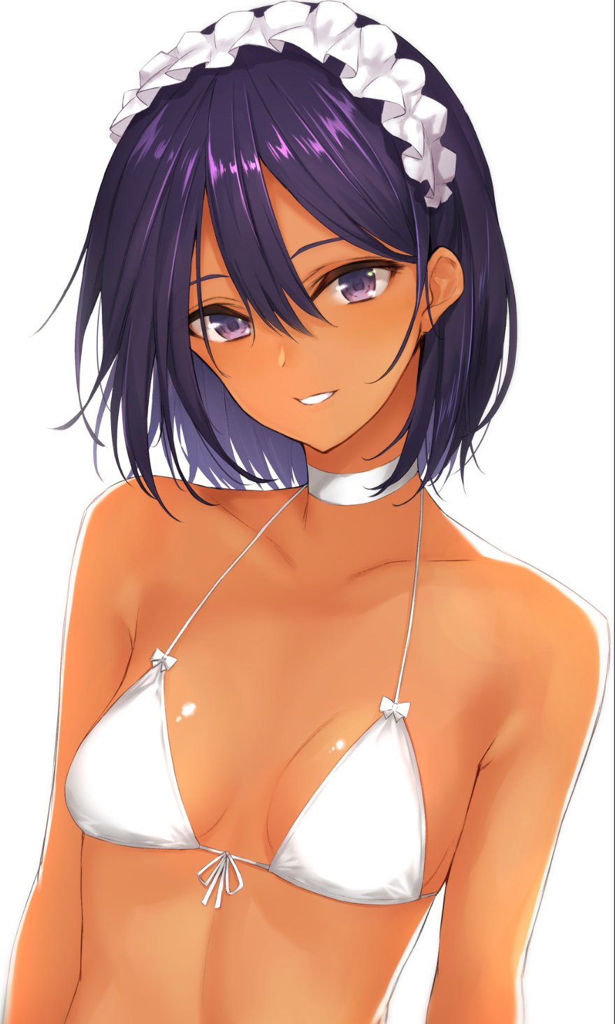 anza_tomo bikini_top breasts choker commentary_request dark_skin front-tie_bikini front-tie_top hair_between_eyes hairband halterneck head_tilt highres lolita_hairband original parted_lips purple_eyes purple_hair short_hair simple_background small_breasts smile solo white_bikini_top