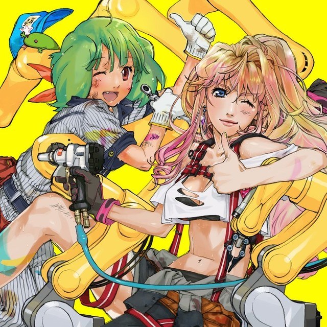 baseball_cap blonde_hair blue_eyes breasts costume earrings ebata_risa fang green_hair hat jewelry jumpsuit legs lipstick long_hair machinery macross macross_frontier makeup medium_breasts midriff multicolored_hair multiple_girls nail_gun navel official_art one_eye_closed open_mouth pink_lipstick ranka_lee red_eyes ribbon sheryl_nome source_request suspenders thumbs_up torn_clothes two-tone_hair wrench