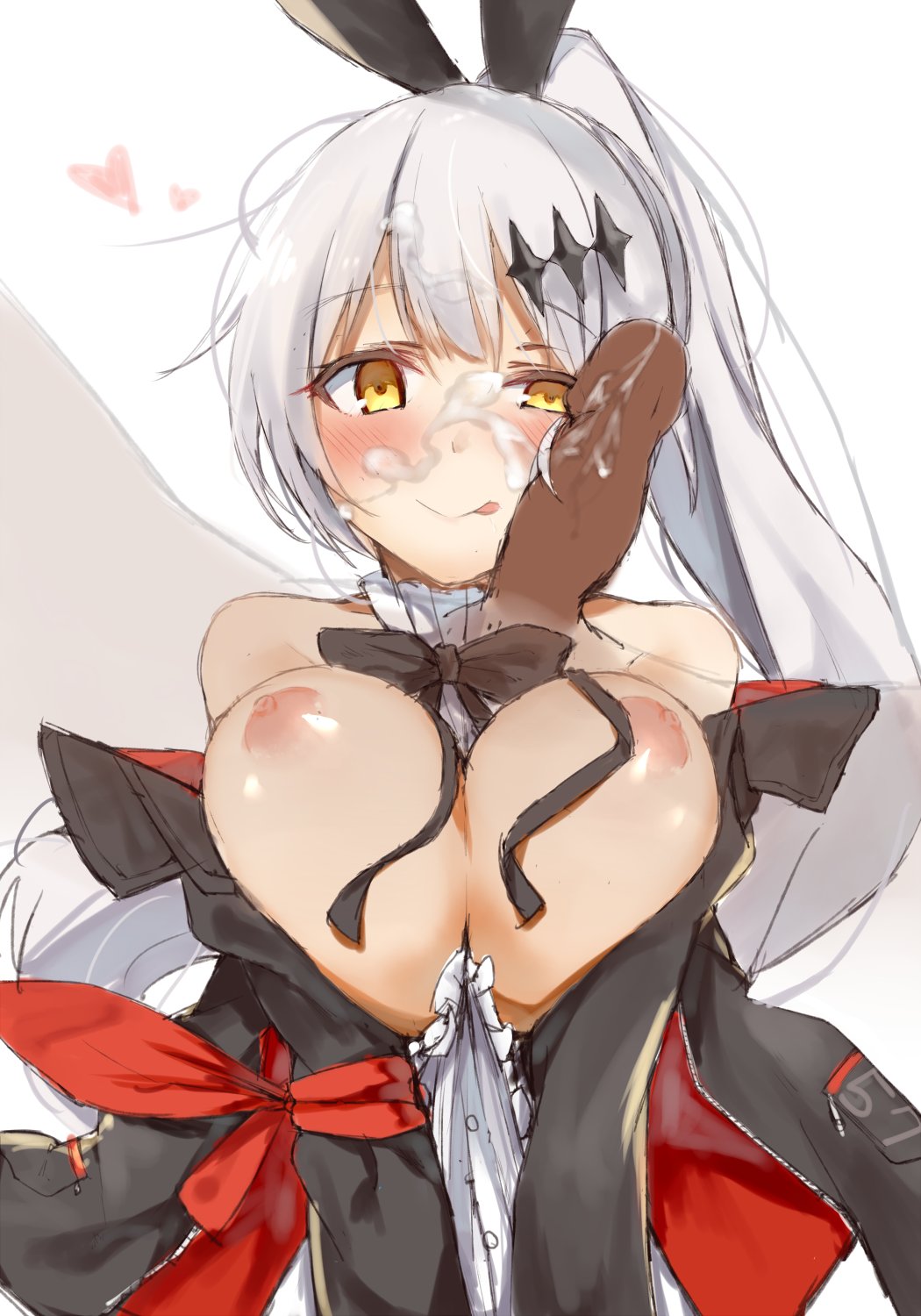 1girl blush breasts cleavage cum dress eyebrows_visible_through_hair facial five-seven_(girls_frontline) girls_frontline hair_ornament heart hetero highres large_breasts looking_at_viewer nametake_(nekoyasya12172) nipples penis penis_on_face ponytail sketch solo_focus upper_body white_hair yellow_eyes