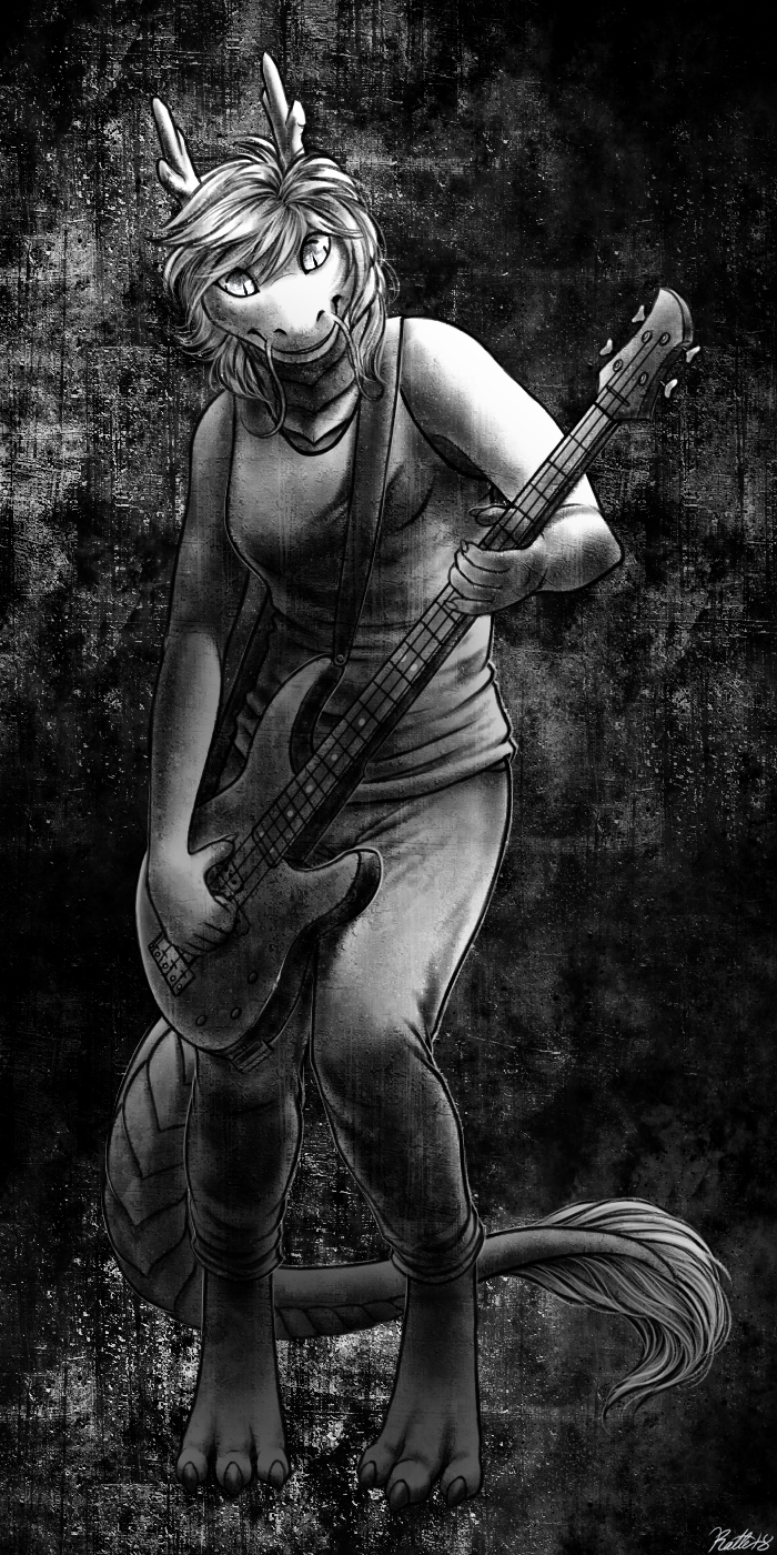 2018 3_toes 5_fingers bass_guitar claws clothed clothing conditional_dnp digital_media_(artwork) digitigrade dragon eastern_dragon female fully_clothed guitar hair heart_a._chicago horn monochrome musical_instrument pants playing_guitar playing_music ratte shirt signature simple_background smile solo standing tail_tuft tank_top toes tuft whiskers